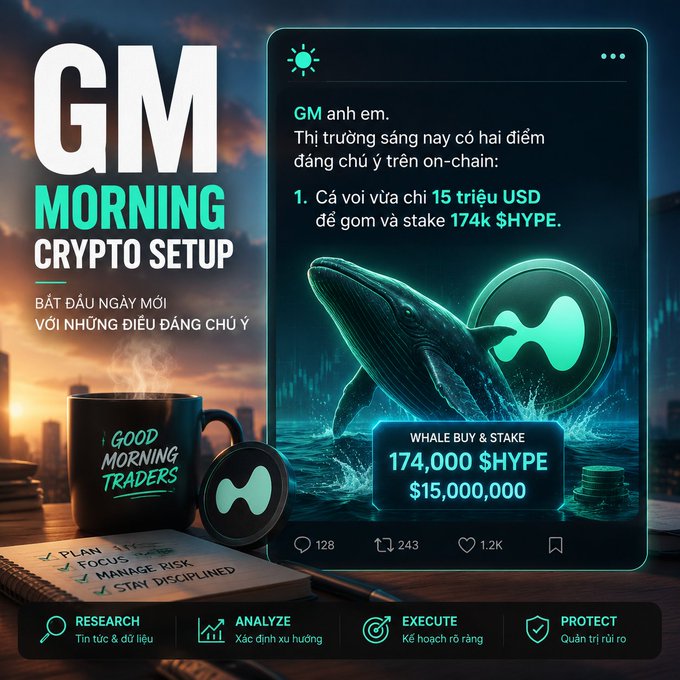 A digital promotional graphic titled 'GM MORNING CRYPTO SETUP' in Vietnamese highlights a whale buying and staking 174,000 $HYPE for $15,000,000, featuring imagery of a whale and the Hyperliquid logo.
