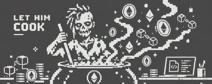 A pixel-art zombie stirs a cauldron of Ethereum (ETH) logos and blockchain cubes beneath the text "LET HIM COOK," visually embodying the post's theme of large-scale NFT accumulation and burning by XEIX of the Normies collection.
