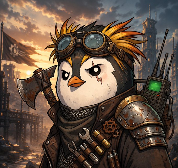 A stylized illustration of a penguin-like creature with spiky yellow hair, wearing goggles and post-apocalyptic armor, holding an axe against a sunset backdrop.