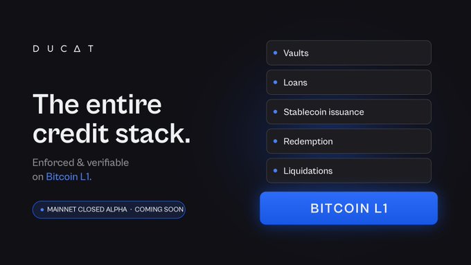 The image shows a webpage where a banner displays information about a credit stack system related to Bitcoin, specifically targeting Bitcoin L1 users. The title of the page reads "Ducat - The entire credit stack", and there are bullet points below explaining features such as vaults, loans, stablecoin issuance, redemption, and liquidations. These details indicate that the webpage is promoting a new service or product centered around Bitcoin and its applications in finance.