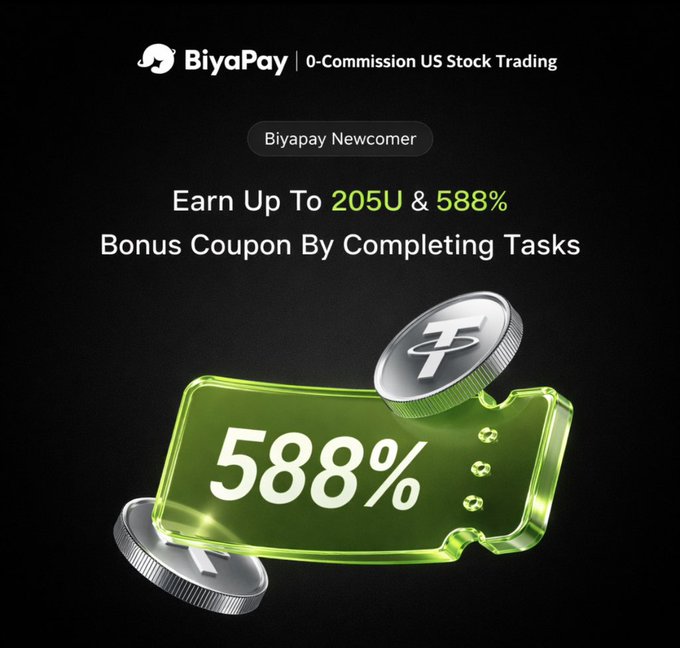 A promotional graphic for 'BiyaPay' advertising '0-Commission US Stock Trading' with a 'BiyaPay Newcomer' offer to 'Earn Up To 205U & 588% Bonus Coupon By Completing Tasks', featuring a glowing green coupon displaying '588%' alongside Tether (USDT) coins.