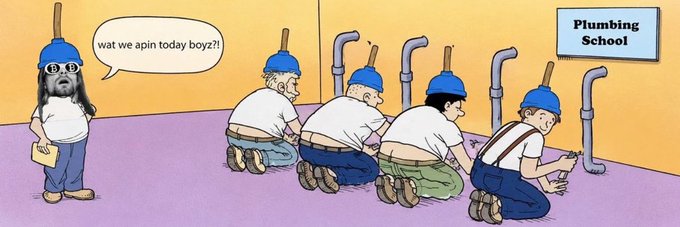 The cartoon depicts "Plumbing School" where students wearing plunger-shaped helmets are crouched at urinals, while a beanie-wearing instructor asks "wat we apin today boyz?!"—a humorous banner image for the Base token $plumber that plays on plumbing and "aping in" (speculatively buying) crypto tokens.