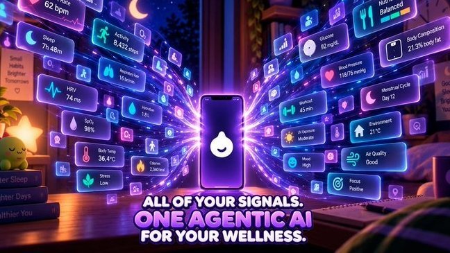 A digital graphic illustrates a smartphone surrounded by various health and wellness data points, including 'Heart Rate 62 bpm', 'Sleep 7h 46m', and 'Stress Low', with the text 'ALL OF YOUR SIGNALS. ONE AGENTIC AI FOR YOUR WELLNESS.'