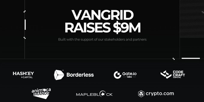An announcement graphic reading 'VANGRID RAISES $9M' with the subtext 'Built with the support of our stakeholders and partners', displaying logos for HashKey Capital, Borderless, Gate.io Labs, Code Craft Capital, Animoca Brands, Mapleblock, and Crypto.com.