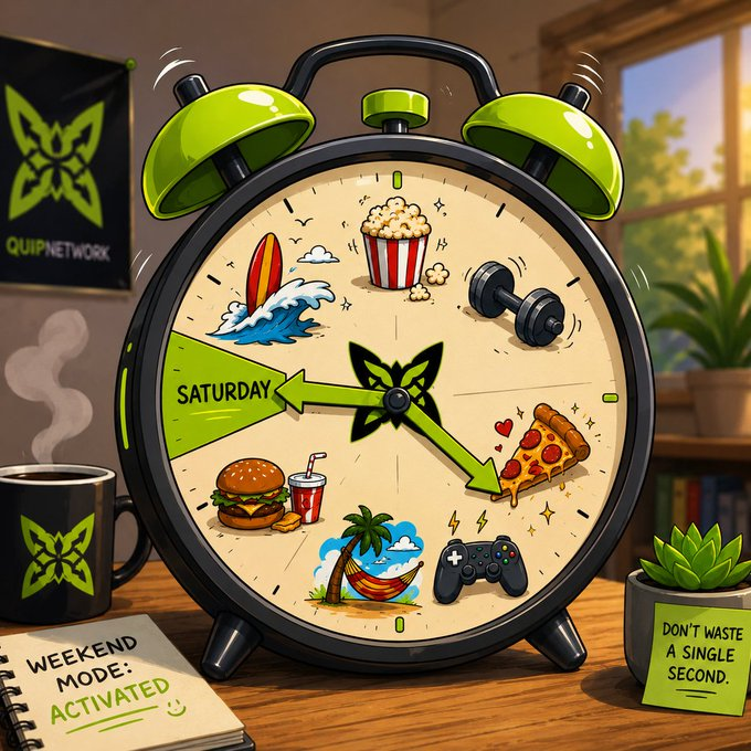 A vibrant cartoon illustration of a green alarm clock showing a weekend schedule with icons for surfing, popcorn, dumbbells, pizza, gaming, a beach hammock, and a burger, labeled 'SATURDAY' and surrounded by a mug and notebook reading 'WEEKEND MODE: ACTIVATED' and a note saying 'DON'T WASTE A SINGLE SECOND.'