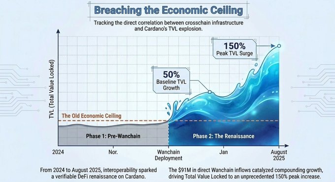 An infographic titled 'Breaching the Economic Ceiling' showing Cardano's TVL growth, highlighting a 50% Baseline TVL Growth and 150% Peak TVL Surge following Wanchain Deployment.