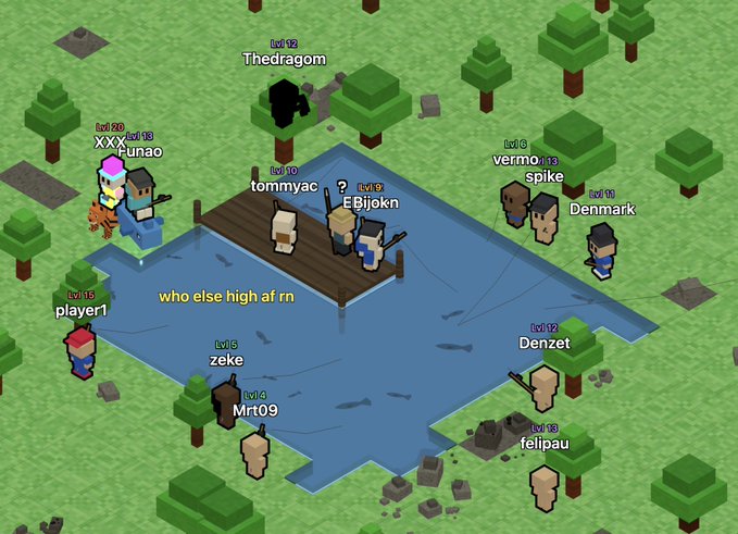 The image shows a group of people playing a video game, specifically Minecraft, with their characters standing around a pond or lake. There are at least 13 visible players in the scene, each engaged in different activities within the game. The game appears to be set on Minecraft, as indicated by the presence of various elements such as trees and buildings scattered throughout the image. The post about gaming on Solana is related to this scene because it suggests that the group might have gathered around a virtual location or landmark while playing their game.