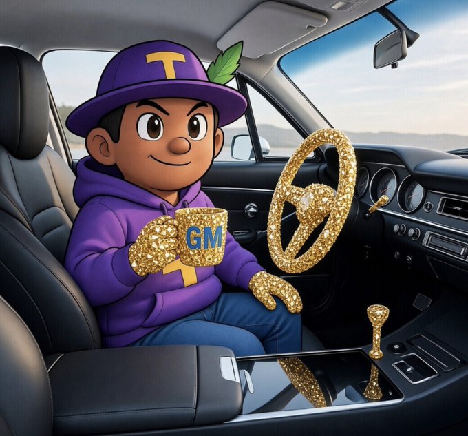 A 3D cartoon-style character wearing a purple hoodie and cap with a 'T' sits in a car, holding a gold cup marked 'GM' and wearing gold-encrusted gloves, with a matching gold steering wheel.