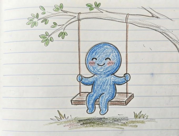 A cute blue character happily sits on a wooden swing hanging from a tree branch, drawn on lined notebook paper. The image visually represents the post's message about quiet, steady growth—symbolizing how progress moves forward gently, like a peaceful swing toward the future, which aligns with the #BUIDL and innovation themes.