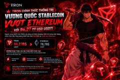 An advertisement by Tron promoting the Vương Quốc Stablecoin Vượt Ethereum event, highlighting winners like Vũ_94_27 with total gains of $3,787,901 and a grand prize pool of $98,718,587, paired with a social media post showcasing another big trader who profited nearly $3.8M across two Solana memecoins, emphasizing the viral meme-trading success.