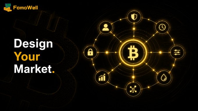 The image depicts a digital representation of Bitcoin at the center of interconnected icons, symbolizing various market strategies. There is text suggesting that FomoWell DSL Market Hooks empower users to select and configure pre-made market strategy templates for their cryptocurrency launches.