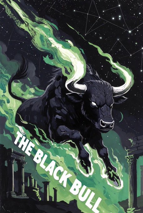A poster featuring a black bull with glowing green flames against a starry night sky, with the text "THE BLACK BULL" at the bottom.
