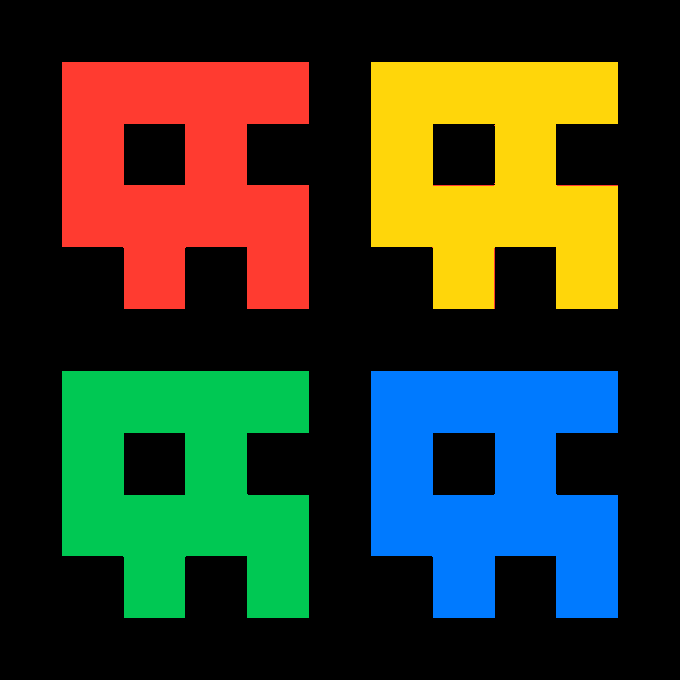 Four colorful pixel-art alien figures arranged in a grid with red, yellow, green, and blue colors on a black background.