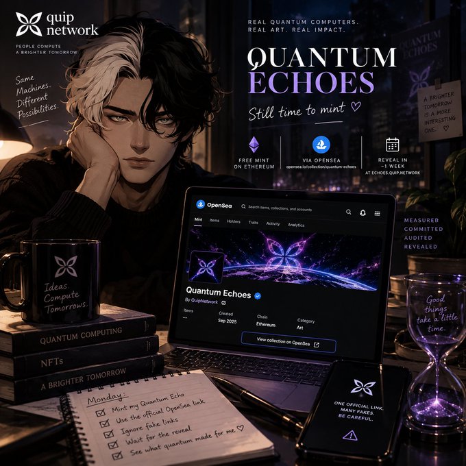 A promotional graphic for "Quantum Echoes" by Quip Network features an anime-style character and displays details like "FREE MINT ON ETHEREUM," "VIA OPENSEA," and "REVEAL IN 1 WEEK."