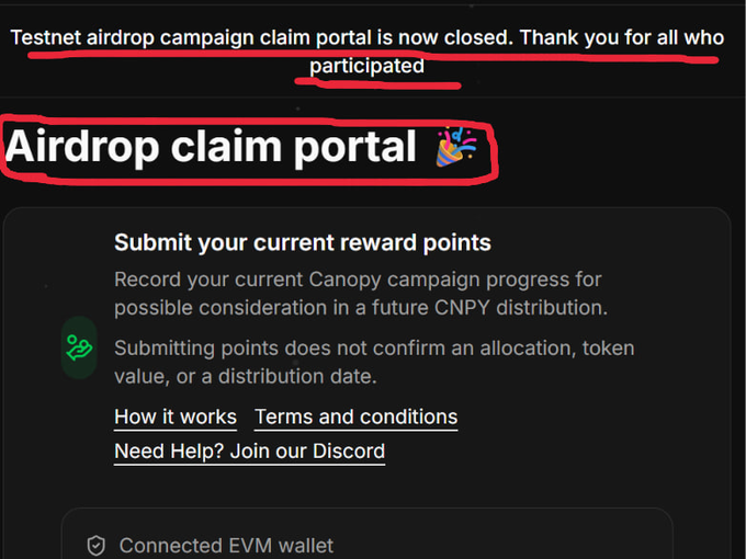The image shows a screenshot of the Canopy (CNPY) testnet airdrop claim portal with red annotations highlighting that the portal is now closed and circling the "Airdrop claim portal" heading, supporting the post's announcement about the campaign being shut down and reward points being recorded for future CNPY distribution consideration.