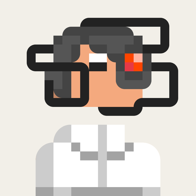 A pixel art icon depicting a person's head and shoulders with dark hair, white eyes, wearing a white shirt, with a red square on the face, all rendered in a blocky style with thick black outlines.