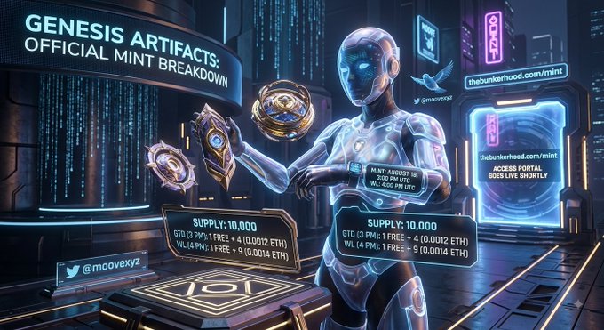A futuristic humanoid robot displays floating holographic NFTs in a neon-lit cyberpunk cityscape, promoting "Genesis Artifacts: Official Mint Breakdown" with key details including "Supply: 10,000," "Mint: August 18, 2:00 PM UTC," "WL: 4:00 PM UTC," and tiered pricing such as "GTD (2 PM): 1 FREE + 4 (0.0012 ETH)" and "WL (4 PM): 1 FREE + 9 (0.0014 ETH)," with the website "thebunkerhod.com/mint" and Twitter handle "@moovexyz" visible.