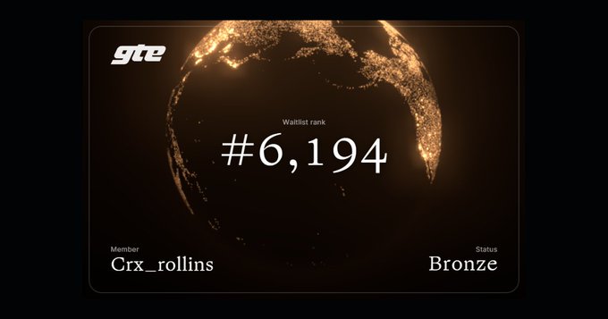 A dark dashboard card for user 'Crx_rollins' on GTE platform showing a wallet rank of #6,194 and a 'Bronze' status.
