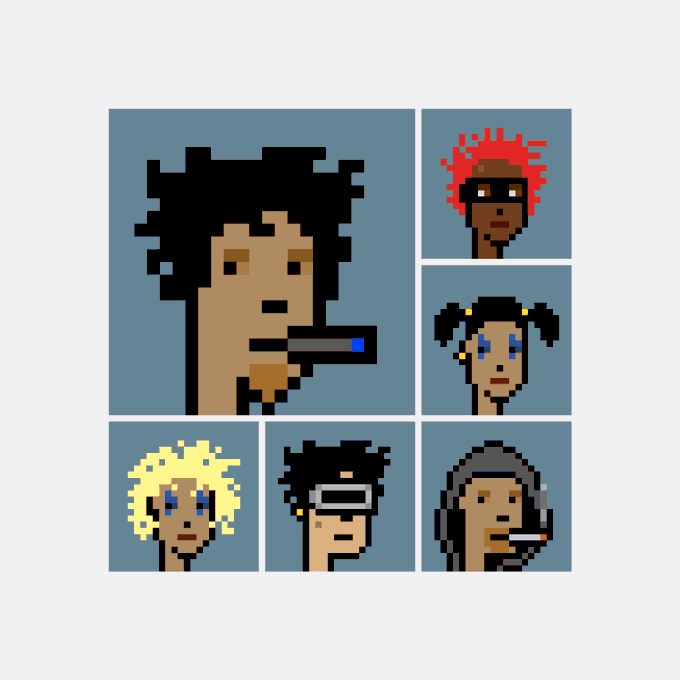 A pixel art collage features a large central portrait of a dark-haired man smoking a cigar alongside five smaller character portraits—including figures with spiky red hair, blonde hair, pigtails, and a VR headset. The image showcases CryptoPunk #1923, the specific NFT acquired for Ξ34.58 ($61,637) according to the transaction details.