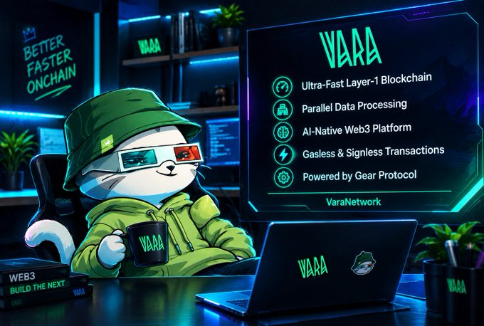 A promotional image for 'VARA' featuring a cat character in 3D glasses and a green hoodie, highlighting features like 'Ultra-Fast Layer-1 Blockchain' and 'AI-Native Web3 Platform.'