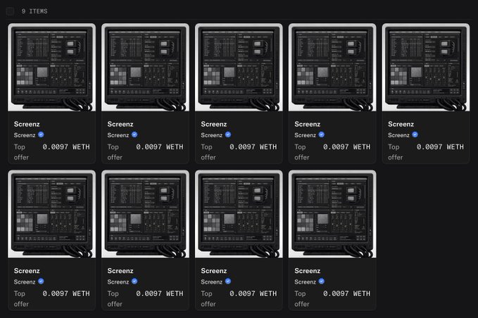 A dark-themed NFT marketplace listing showing 9 identical items titled 'Screenz' by Screenz, each priced at a top offer of 0.0097 WETH.
