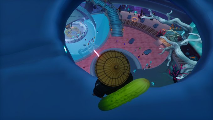 The image features a cartoon scene with a person holding an umbrella, surrounded by various objects such as a green cucumber and a yellow object. The background of the image appears to be blue, possibly representing water or sky. The caption of the image includes several words like "good vibes", "funny games", "thank you", "CryptoCatsApe", "ApeChainHUB", and "twixon". These words seem to be related to a video game or cartoon series that takes place in a virtual world, possibly involving characters from the popular game series Bubble Cats.