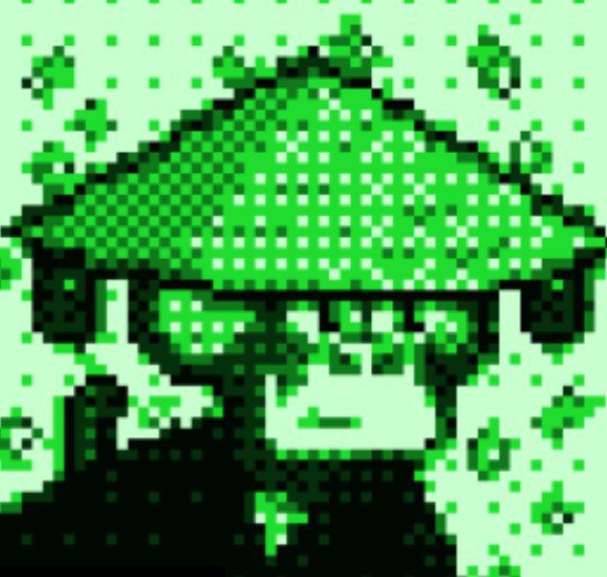 A pixel art image rendered in green monochrome depicting a figure wearing a wide-brimmed pixelated hat against a matching green background.