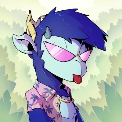 A 2D animated-style character of a blue anthropomorphic pony with a dark blue mane, small yellow horns, pink sunglasses, and a pink floral shirt, sticking out its tongue playfully against a green hedge background.