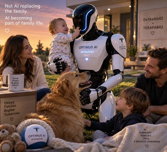 A promotional image featuring a humanoid 'Optimus AI' robot labeled '0xfAaAb42' holding a baby with a family and golden retriever, with text reading 'Not AI replacing the family. AI becoming part of family life.'