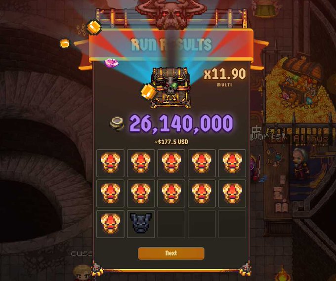 A pixel art dungeon game 'Run Results' screen showing a score of 26,140,000 (~$177.5 USD) with x11.90 multiplier, featuring a treasure chest and multiple fire skull icons as rewards.