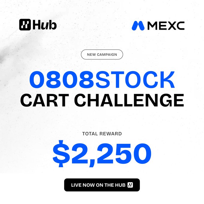 A promotional banner for an '0808STOCK CART CHALLENGE' campaign by Hub and MEXC exchange offering a total reward of $2,250.