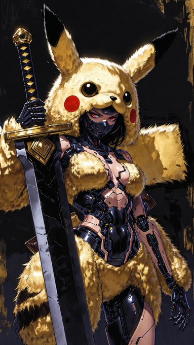The image features a woman dressed as Pikachu, wearing a fur coat and holding a sword. The background of the image is black with gold accents, giving it an artistic touch. The caption below the image reads "PIKA RE:LOADED JUST DROPPED She’s back...and way more dangerous. Cybernetic Pikachu hybrid with a massive blade and glowing red eyes. Fluff meets fury. OE live for ?".