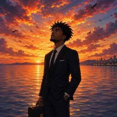 An illustrated portrait of a Black man in a dark suit holding a briefcase, standing by the ocean at sunset with a city skyline in the background.