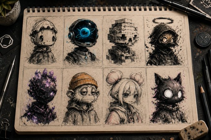 A sketchbook page displaying eight hand-drawn character illustrations in a 2x4 grid, including a knight, an astronaut, a pixelated figure, a hooded plague doctor, crystal formations, and anime-style characters.