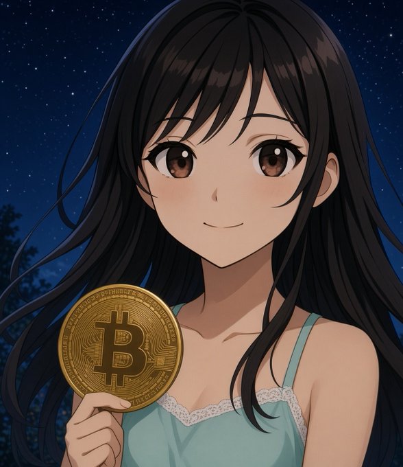 An anime-style illustration of a smiling girl with long dark hair holding a golden Bitcoin coin against a starry night background.
