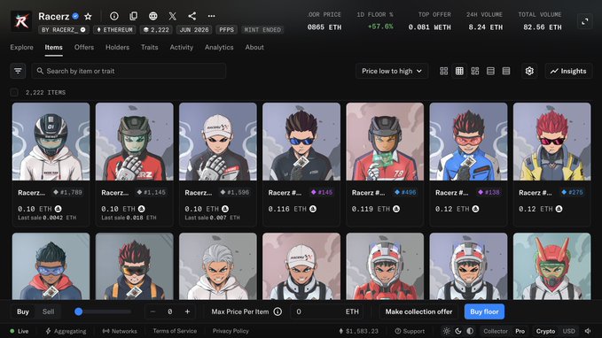 A Racerz NFT collection page showing 2,222 items with OGN PRICE at 0.065 ETH, 1D FLOOR up 57.6%, and a grid of racing-themed NFT character avatars priced between 0.10-0.12 ETH.