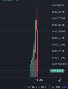 A stock chart displayed on a phone screen showing a sharp price spike at 12:00, with a gain of +104.02% and a current price of 0.6096.
