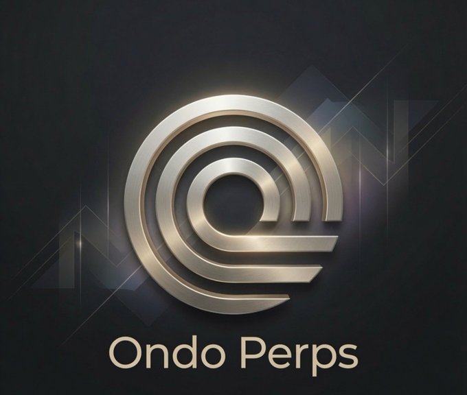 A metallic, circular spiral logo for "Ondo Perps" displayed against a dark background with subtle geometric accents. The image serves as the branded header for a Week 8 trading summary post, featuring the platform's logo alongside referral details, volume stats ($988k), and a promotional access code (6YCQ5Y).