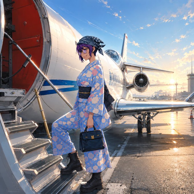 An anime-style illustration of a woman with purple hair and glasses wearing a blue floral kimono, holding a black handbag while descending the stairs of a white airplane on a tarmac at sunset.