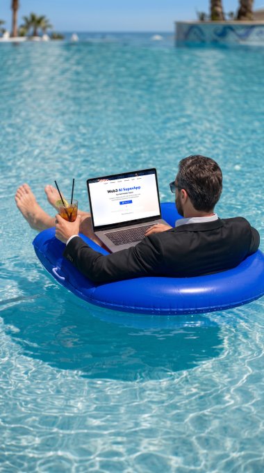 A businessman relaxes in a blue pool floatie while working on a laptop displaying the "Web3 SuperApp" interface. The image cleverly contrasts leisurely summer enjoyment with vigilance—illustrating how De.Fi works in the background to catch crypto scams while users enjoy their vacation.