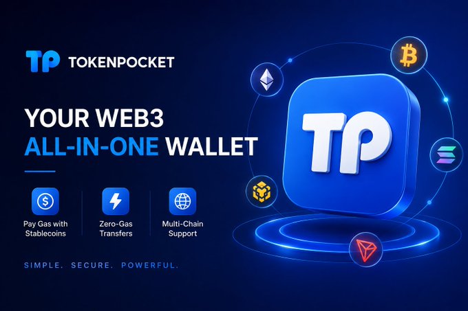 A TokenPocket (TP) advertisement for a Web3 all-in-one wallet, highlighting features like 'Pay Gas with Stablecoins' and 'Zero-Gas Transfers' alongside icons of Bitcoin, Ethereum, and other cryptocurrencies.