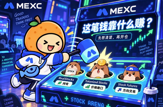 MEXC promotional graphic featuring an orange mascot with a blue hammer striking gopher-like creatures labeled 'RealStocks' (持有), 'Tokenized Stocks' (价格敞口), and 'Stock Futures' (方向交易), with Chinese text reading '这笔钱靠什么赚？先想清楚，再开仓' and 'GOOD TRADERS THINK FIRST'.
