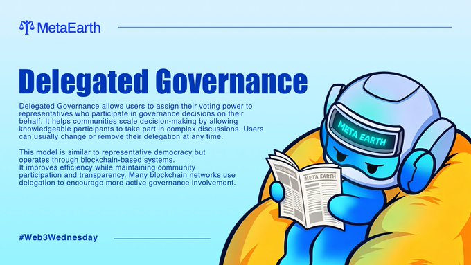 A Meta Earth promotional graphic titled "Delegated Governance" explains how users can assign voting power to knowledgeable representatives, illustrated by a cartoon character wearing a "Meta Earth" helmet reading a newspaper. The image ties into the #Web3Wednesday post's discussion of delegating voting decisions to trusted representatives in blockchain communities.