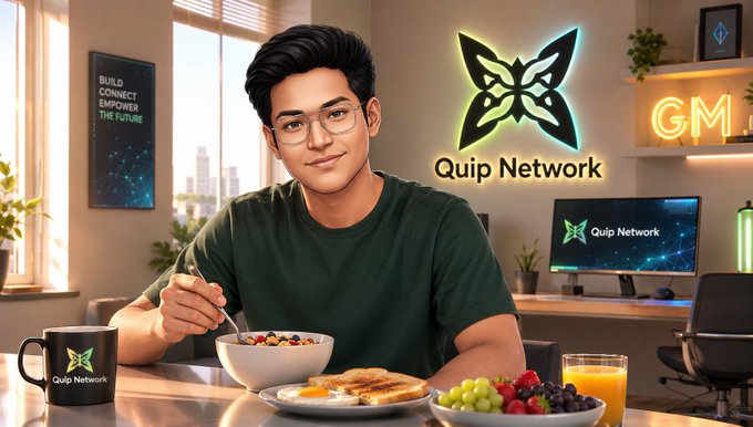 An AI-generated illustration shows a young man eating breakfast in a modern room with a 'Quip Network' logo and 'BUILD CONNECT EMPOWER THE FUTURE' text visible on the wall and coffee mug.