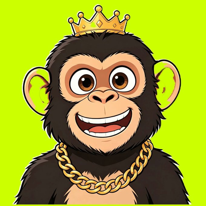 A cartoon illustration of a smiling chimpanzee wearing a gold crown and a thick gold chain necklace against a bright green background.