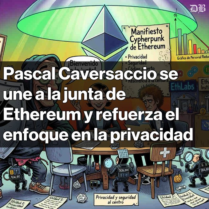A cartoon-style illustration overlaid with Spanish text reading 'Pascal Caversaccio se une a la junta de Ethereum y refuerza el enfoque en la privacidad', featuring an Ethereum logo and characters around a table.