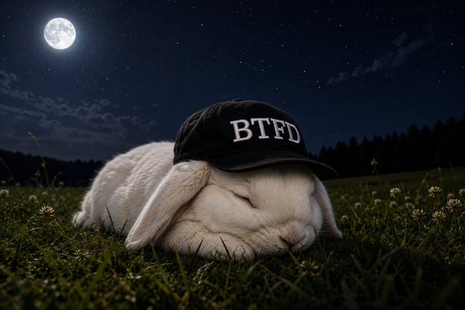 A white rabbit wearing a black baseball cap with 'BTFD' written on it, lying peacefully in a grassy field under a full moon and starry night sky.