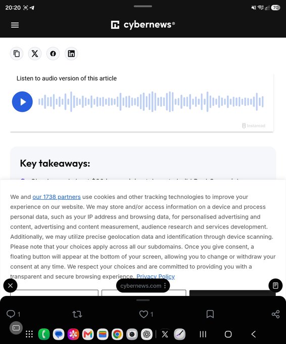 A mobile screenshot of a cybernews.com article showing an audio player interface, social media sharing buttons, and a cookie consent popup from Instaread, demonstrating how Twitter's in-app browser displays external content. The image illustrates the frustrating experience of accessing web links through Twitter's in-app browser, which often forces users through extra popups and tracking dialogs that disrupt browsing.