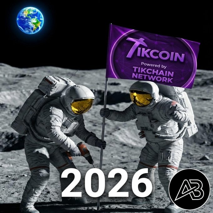 Two astronauts on the moon plant a purple "TIKCOIN Powered by TIKCHAIN NETWORK" flag beside Earth, with the year "2026" prominently displayed, symbolizing the post's message of pioneering new frontiers and an exciting future ahead through continued mining efforts.