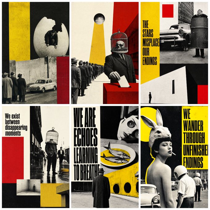 A collage of six surreal black, white, yellow, and red images containing the text 'THE STARS MISPLACE OUR ENDINGS', 'We exist between disappearing moments', 'WE ARE ECHOES LEARNING TO BREATHE', and 'WE WANDER THROUGH UNFINISHED ENDINGS'.